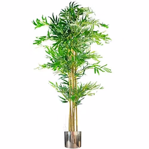Leaf Design UK Realistic Artificial Bamboo Tree with Silver Metal Planter, Green and Brown, Height: 150 cm