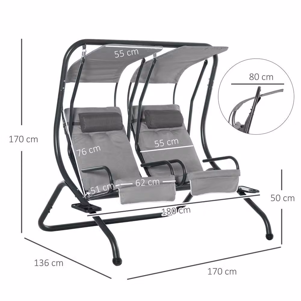 STILVORA 2-Seater Modern Garden Sofa in Grey with Powder Coated Steel Frame and Cup Holders – 4