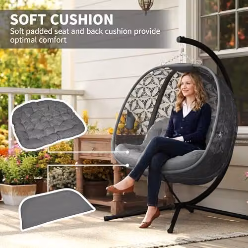 Outsunny Double Hanging Swing Chair with Metal Stand and Cushions, Grey – 5