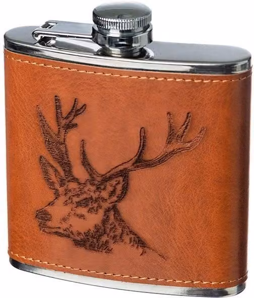 Selbrae House Leather Hip Flask with Stag Design in Brown – 1