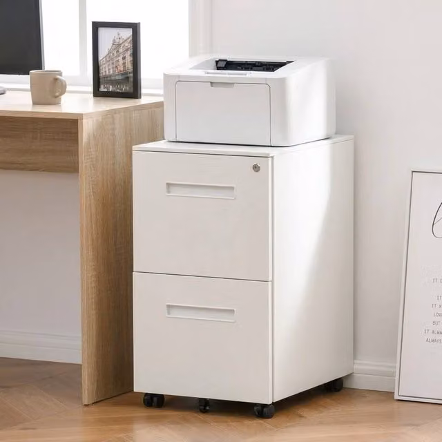 STILVORA Lockable 2-Drawer Metal Filing Cabinet with Castors in White – 1
