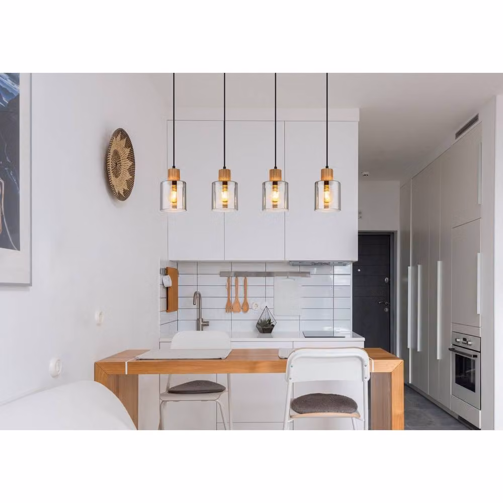 Netlighting Aleidis Industrial Pendant Light with Brown Wood and Black Metal in Black and Brown with Transparent Glass Spheres, 4x E27, Height: 120 cm – 4