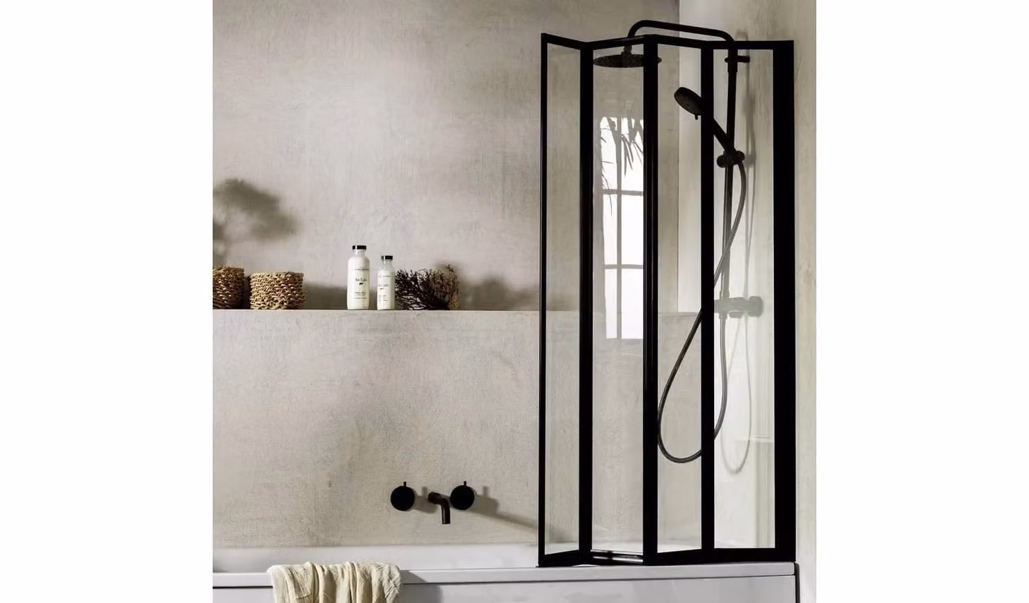 Cheap Furniture Warehouse Folding Bath Shower Screen in Matt Black with 3mm Clear Glass, W: 140 cm x H: 84 cm