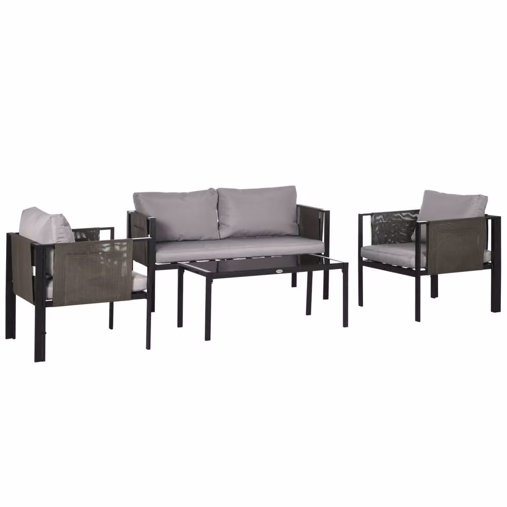 Wyld Haus Vafa 4 Seater Garden Sofa Set with Black Metal Frame and Grey Cushions – 2