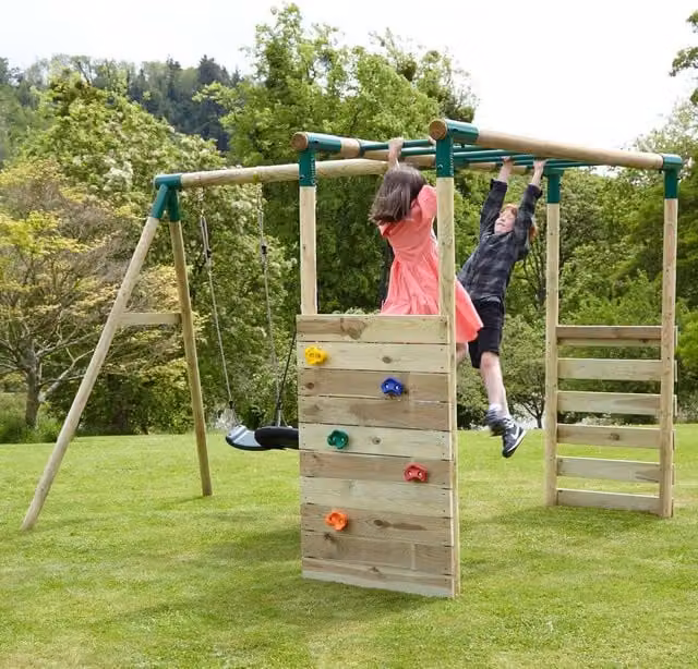 Rebo Solar Wooden Single Swing Set with Climbing Wall and Monkey Bars in Green and Brown, W250 x L264 x H214 cm
