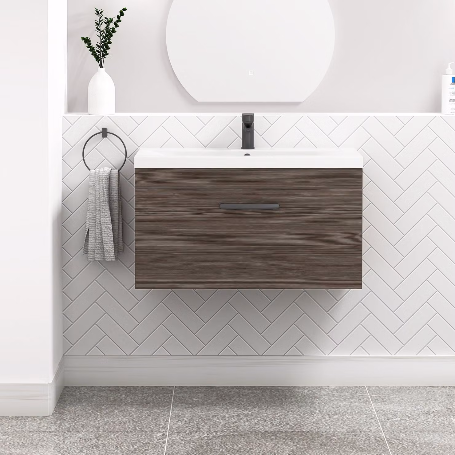 Royal Bathrooms Turin 800mm Wall Hung Vanity Sink Unit in Grey Elm with Mid-Edge Basin and Matt Black Handle