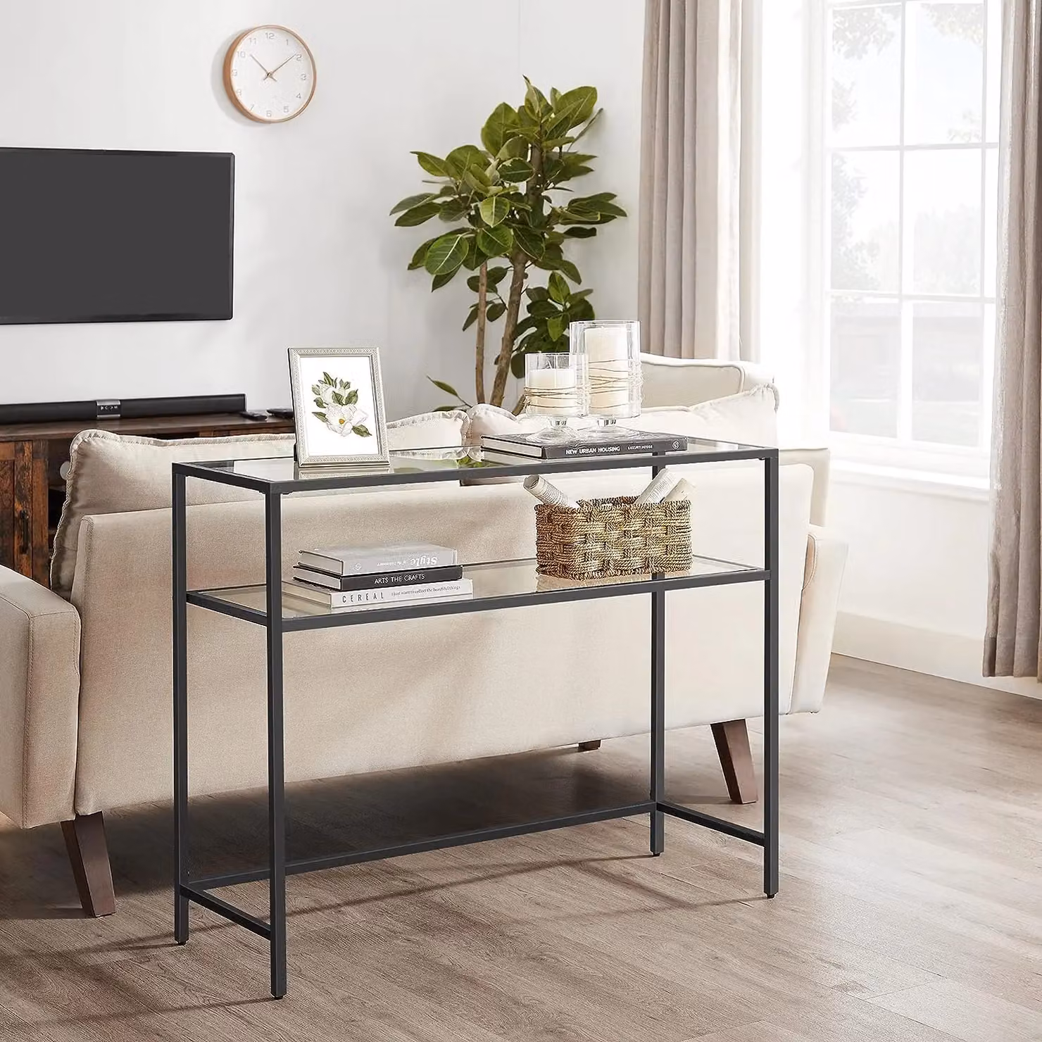 VASAGLE Minimalist Rectangular Console Entrance Table with Glass Top and Metal Frame in Black – 4