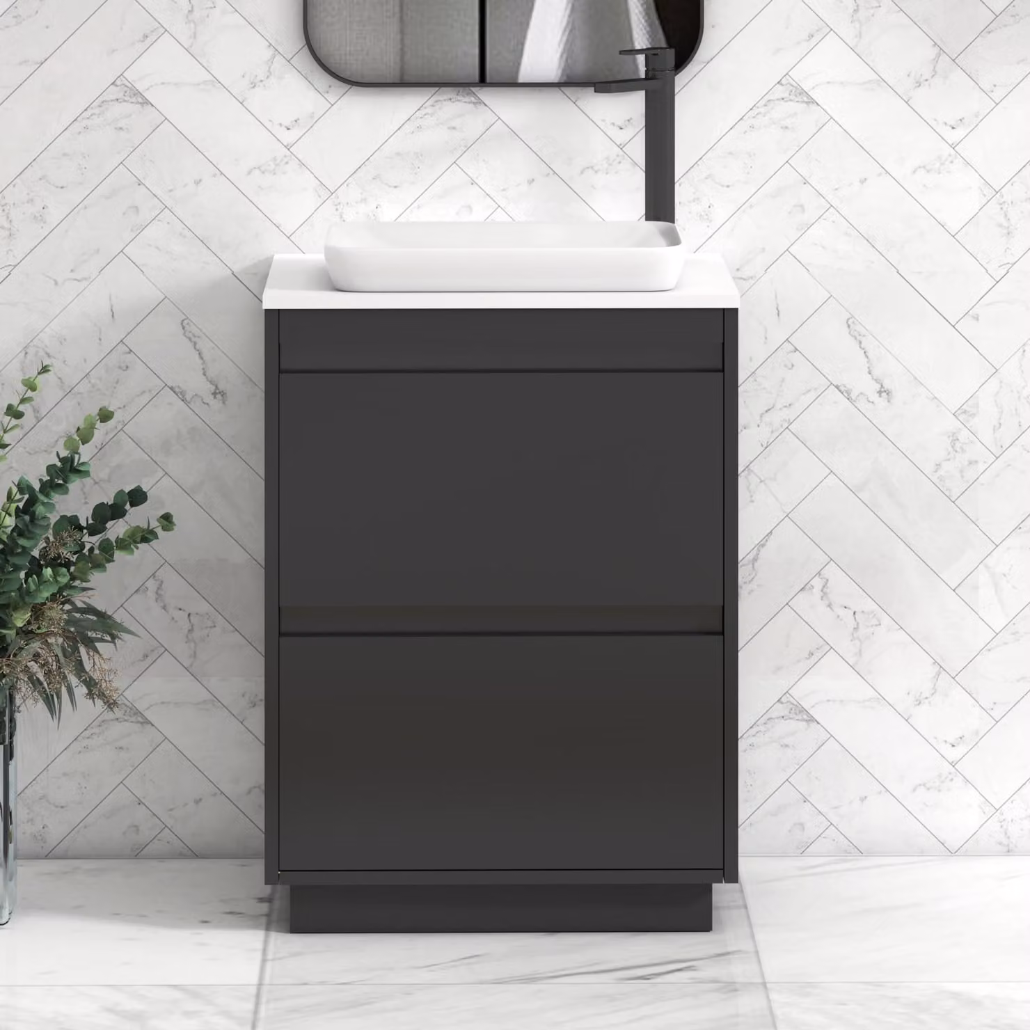 Royal Bathrooms Orion 600mm Matt Obsidian Black and Plain White Floor Standing Vanity Unit with Qubix Basin and 2 Drawers