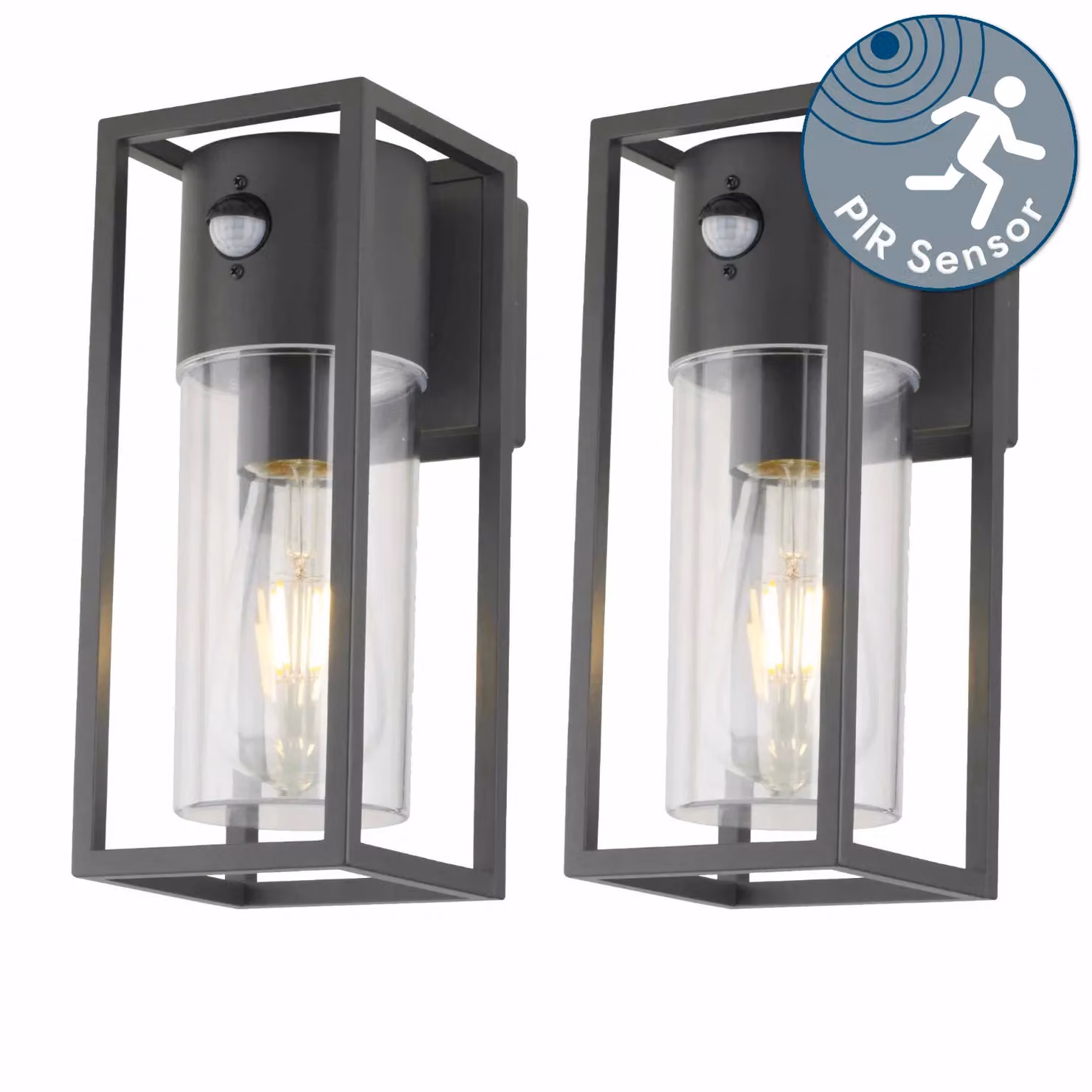 First Choice Lighting Hale Set of 2 Black Motion Sensor Outdoor Wall Lights with Timer and LED Metal and Glass Construction – 2
