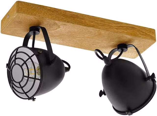 Loops Adjustable 2 Bulb Ceiling Spotlight with Wood and Black Dome Shades for Kitchens – 1