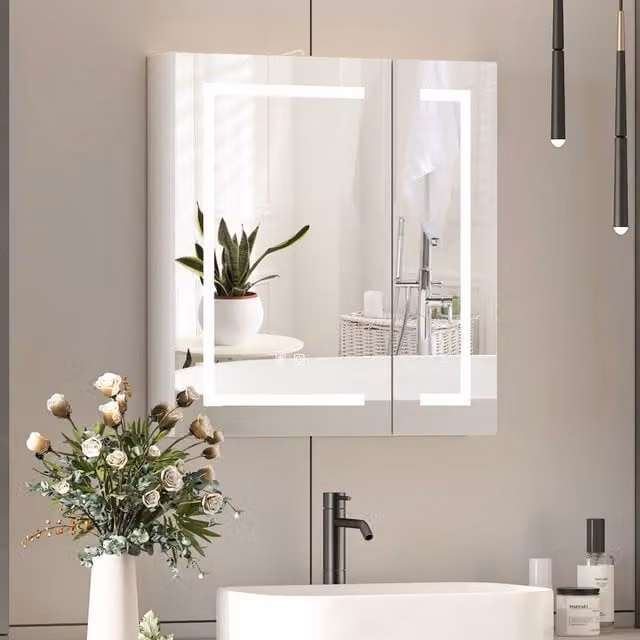 KEEPREAPER Modern White Wall-Mounted Bathroom Mirror Cabinet with LED Lighting, Shaver Socket, Sensor Switch and Anti-Fog Function