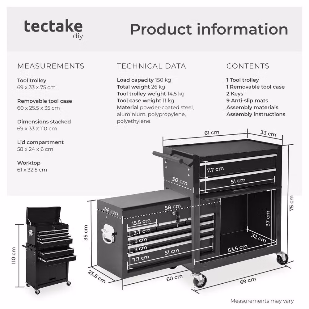 tectake Rollable Tool Chest in Black, H 110.0 cm x W 69.0 cm x D 33.0 cm – 6