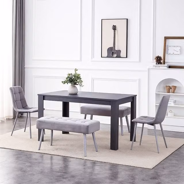 KOSY KOALA Modern Dining Table Set with 2 Grey Velvet Chairs and 2 Grey Benches in Brown