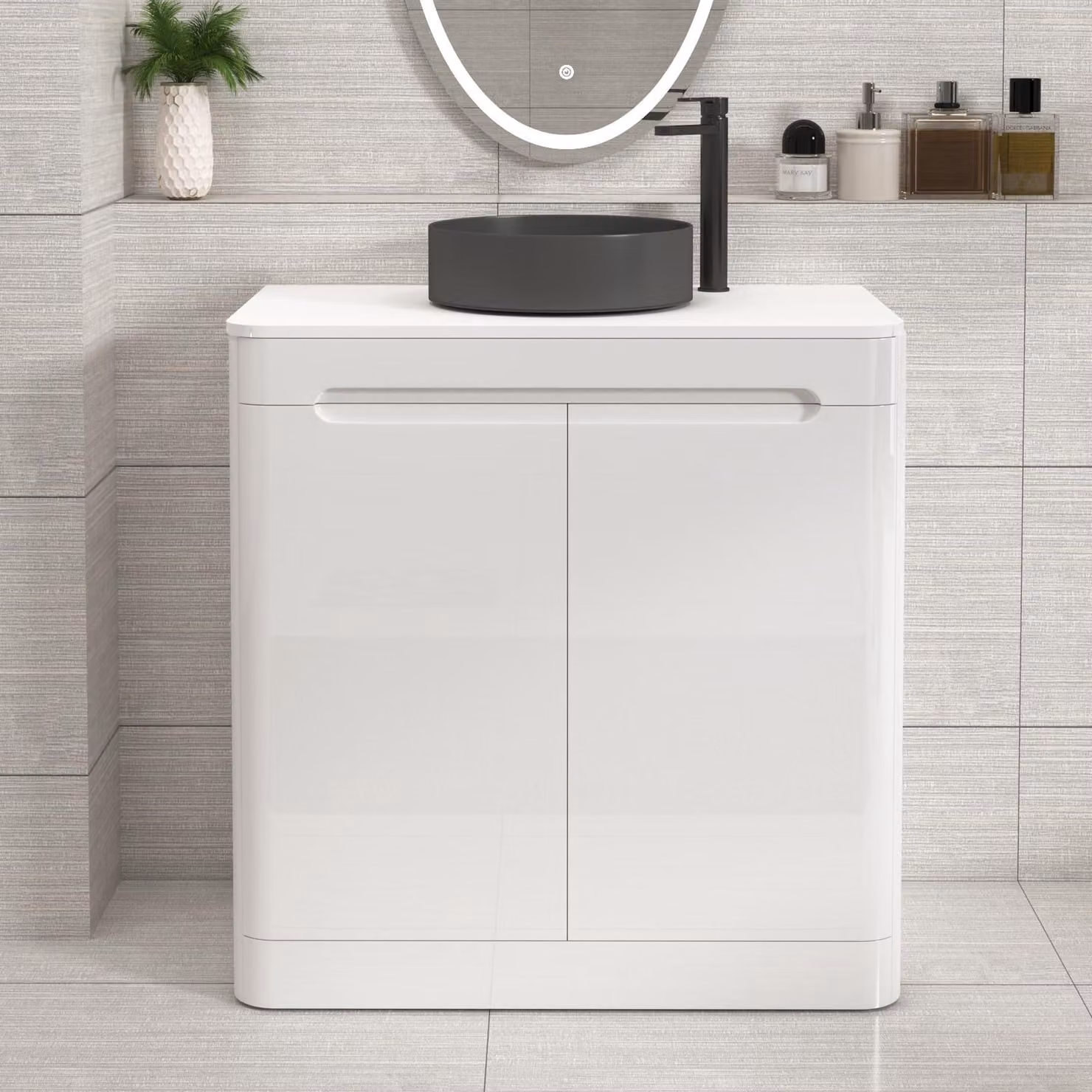 Royal Bathrooms Venice 800mm Gloss White Floor Standing 2 Door Vanity Unit with Plain White Worktop and Art Deco Round Basin