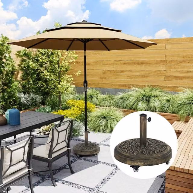 Outsunny Bronze Tone Parasol Base with Wheels, 21kg Cast Iron Effect Metal Design