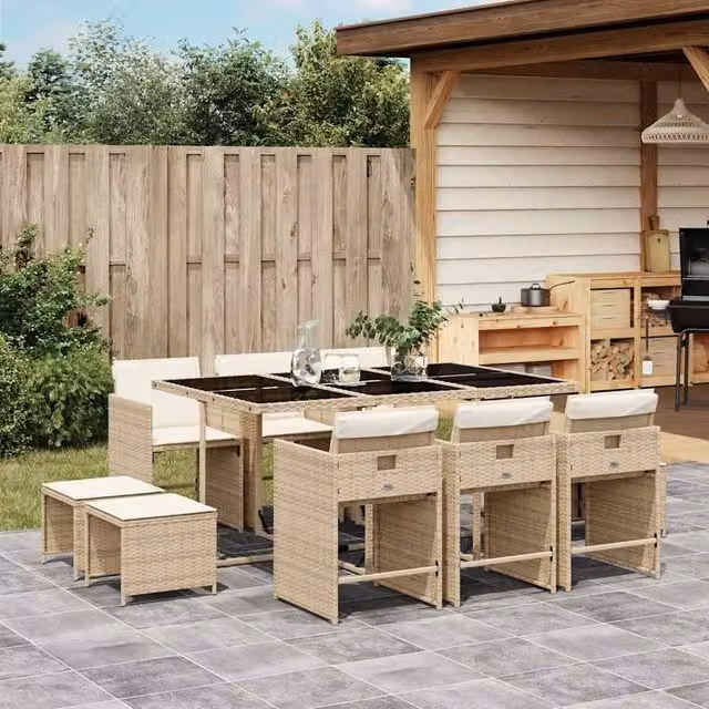 Berkfield Home 11 Piece Beige Poly Rattan Garden Dining Set with Cushions and Glass Tabletop – 1