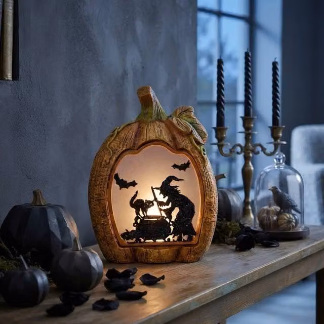 Garden Greatness Illuminated Spooky Witch Pumpkin Ornament in Orange and Multicolour