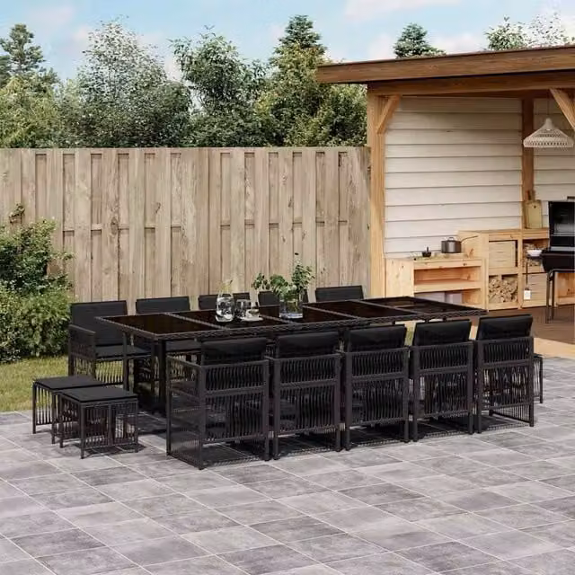 Berkfield Home 15 Piece Black Poly Rattan Garden Dining Set with Cushions and Glass Top