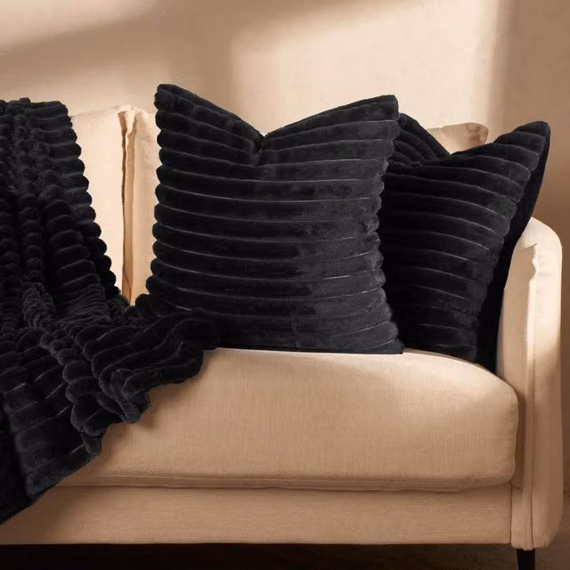 OHS Pack of 2 Black Faux Fur Ribbed Square Cushion Covers