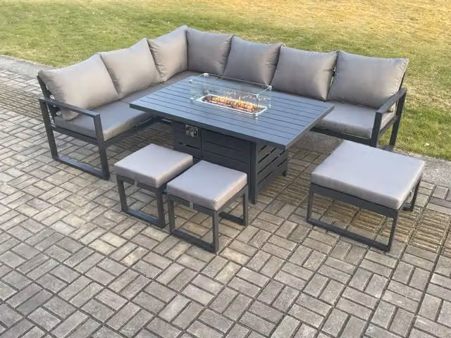 Fimous 8 Piece Aluminium Garden Furniture Set with Corner Sofa, Gas Fire Pit Dining Table, 3 Footstools and Cushions in Dark Grey