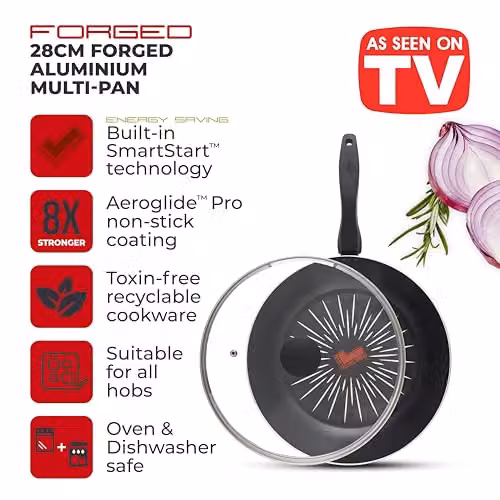 Tower SmartStart Forged 28cm Aluminium Multi-Pan with Glass Lid, Non-Stick, Black – 5