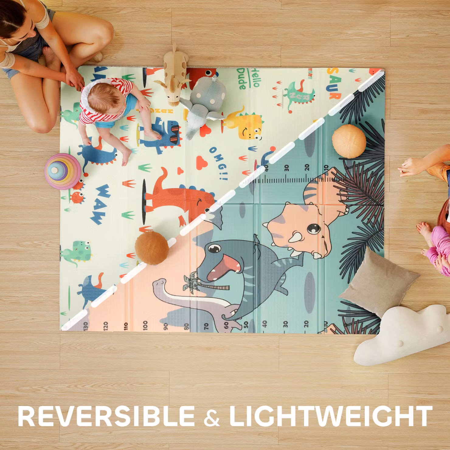 AIYAPLAY Dinosaur-Themed Baby Play Mat, Double Sided, Foldable and Water-Resistant Foam Mat, Multicolour, W: 146 cm, D: 177 cm, H: 1.5 cm – 2