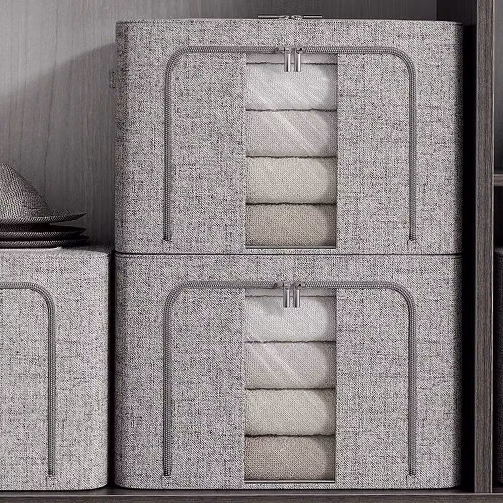 KORVIXA 66L Large Folding Stackable Fabric Clothes Storage Box in Grey – 3