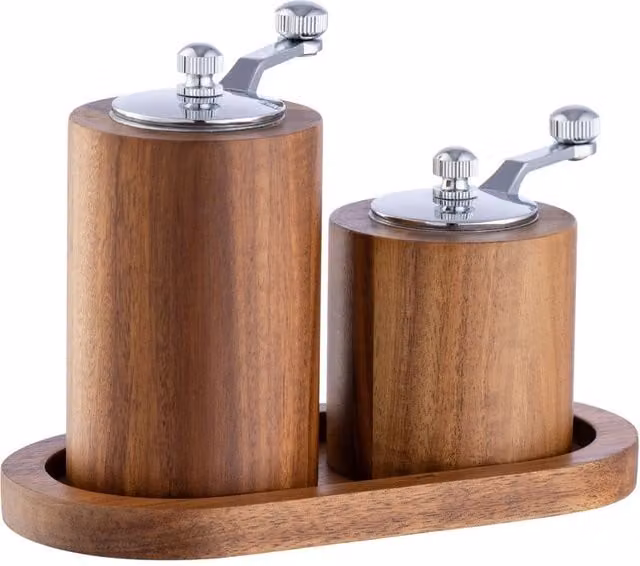 Belleek Living Acacia Wood Salt and Pepper Mill Grinder Set with Stand in Brown and Multicolour