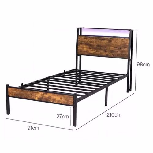 Levede 3ft Single Bed Frame in Black with LED Lights, Charging Station and Storage Headboard, W/D/H: 90 x 190 cm – 2