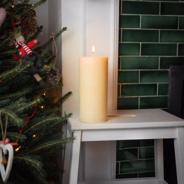 Nicola Spring Round Vanilla Pillar Candle in Beige and White with 140hr Burn Time