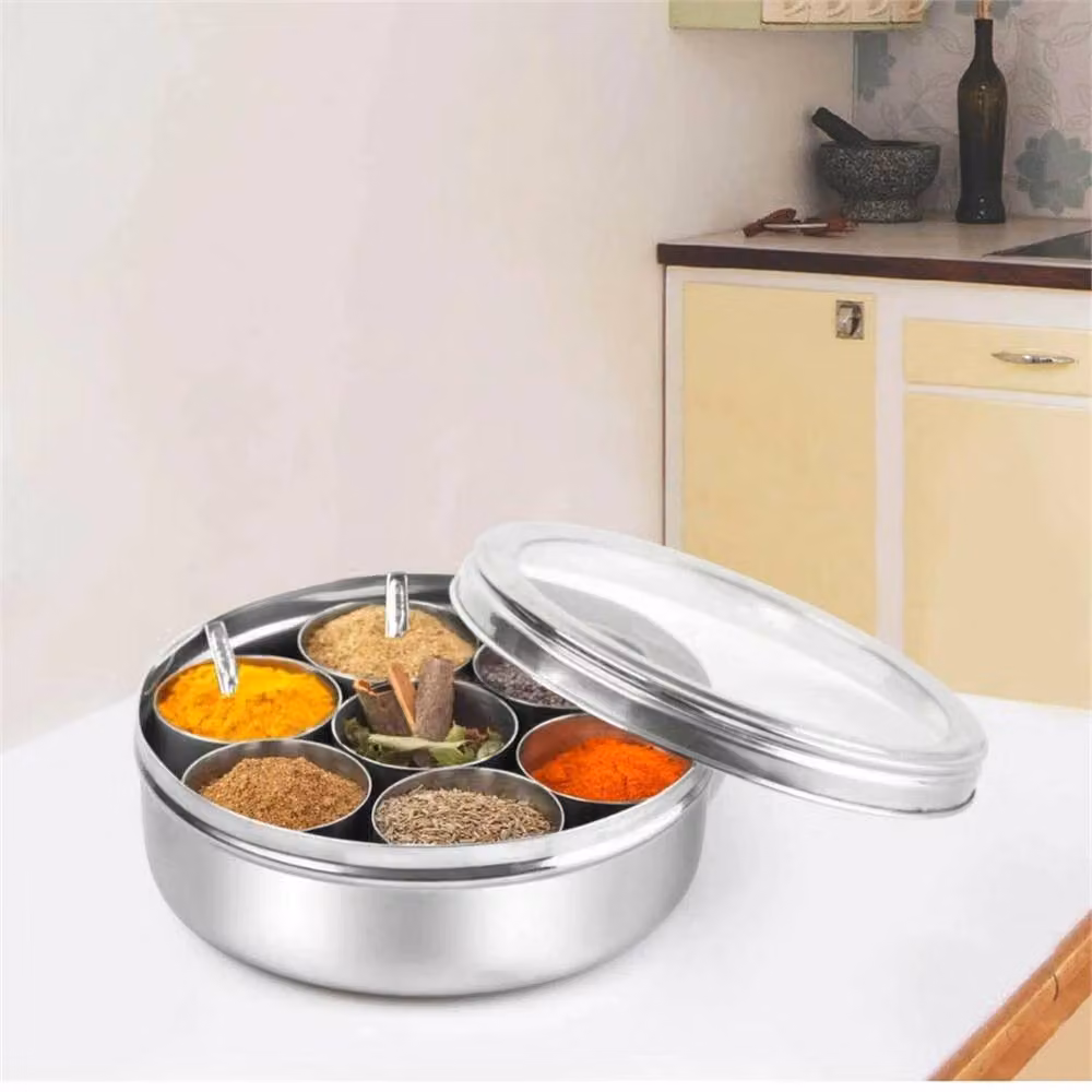 VOGREX 9-Piece Authentic Indian Stainless Steel Masala Dabba Spice Box in Silver, Diameter: 17 cm – 4