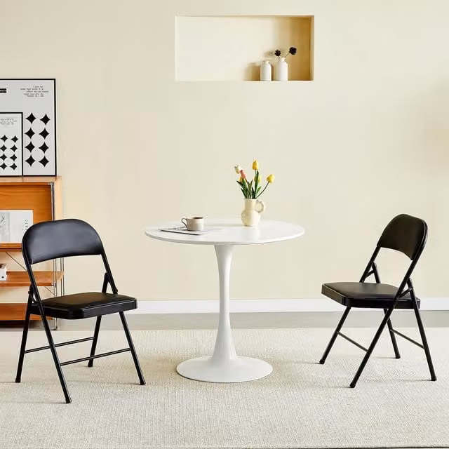 MCC Direct Set of 2 Black Folding Dining Chairs with Metal Frame and Padded Synthetic Leather Seats