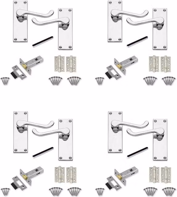Golden Grace Chrome Victorian Scroll Latch Door Handles, Latches and Hinges Set