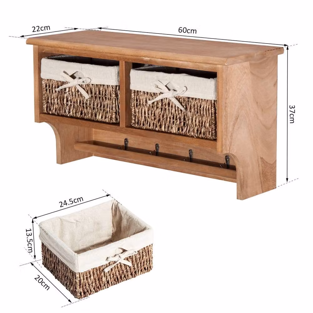 STILVORA Wall Mounted Shelf with Hooks and 2 Rattan Baskets in Brown – 3