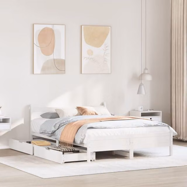 Berkfield Home Double Bed Frame in White Solid Pine Wood, W/D/H: 135 x 190 cm