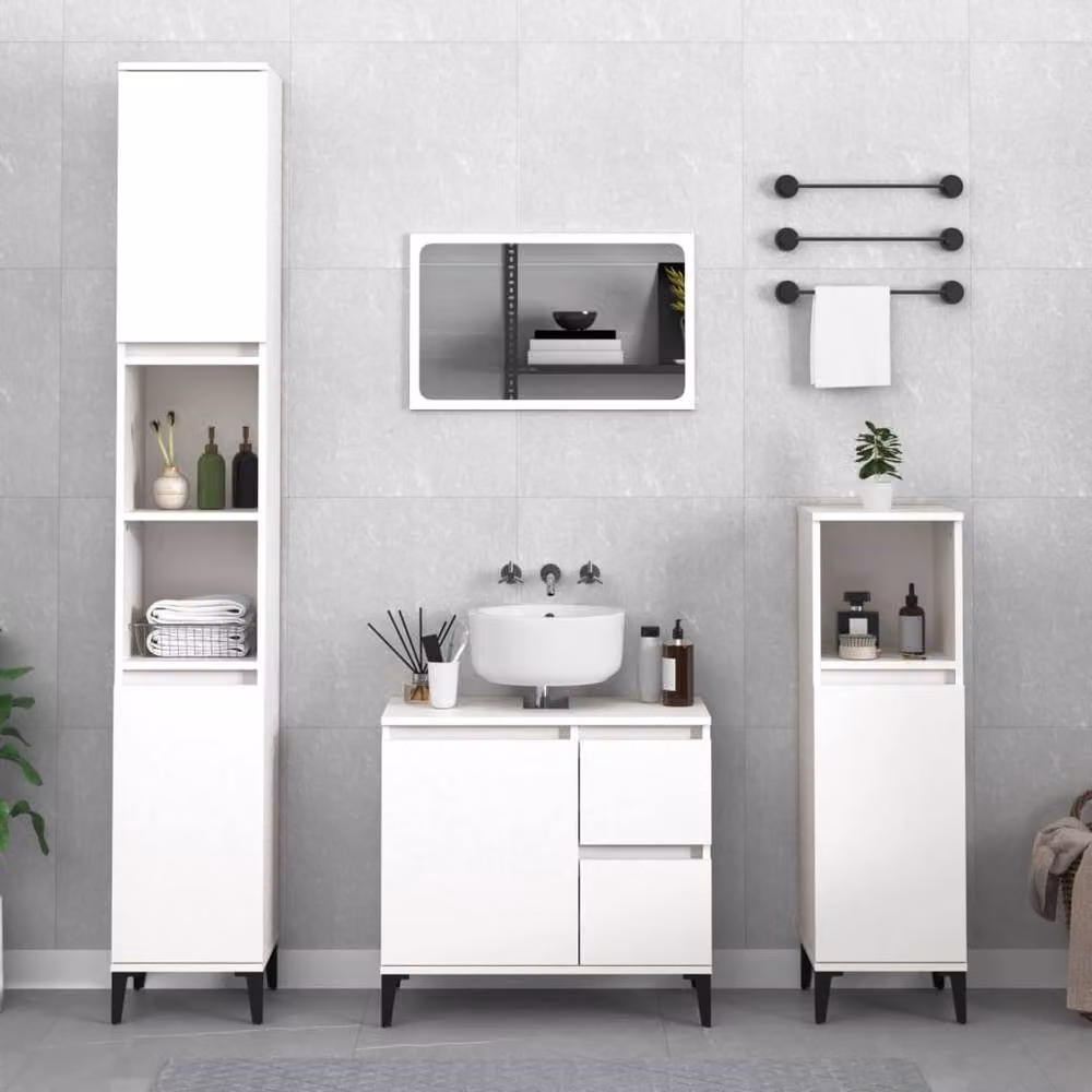 Berkfield Home Modern 3 Piece White Bathroom Cabinet Set with Vanity, Tall and Side Units – 2
