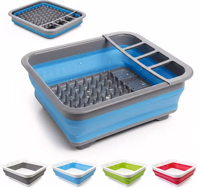 GEEZY Collapsible Folding Dish Drainer and Cutlery Holder in Blue