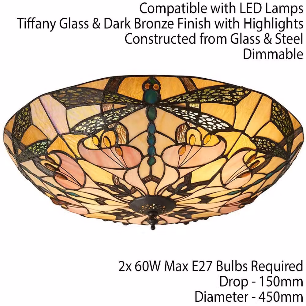Loops Tiffany Glass Semi Flush Ceiling Light with Dragonfly Round Inverted Shade in Clear and Bronze – 2