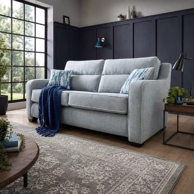 Stratus Interiors Canterbury Blue Fabric Upholstered Living Room Sofa with Scatter Cushions and Solid Wood Frame – 1