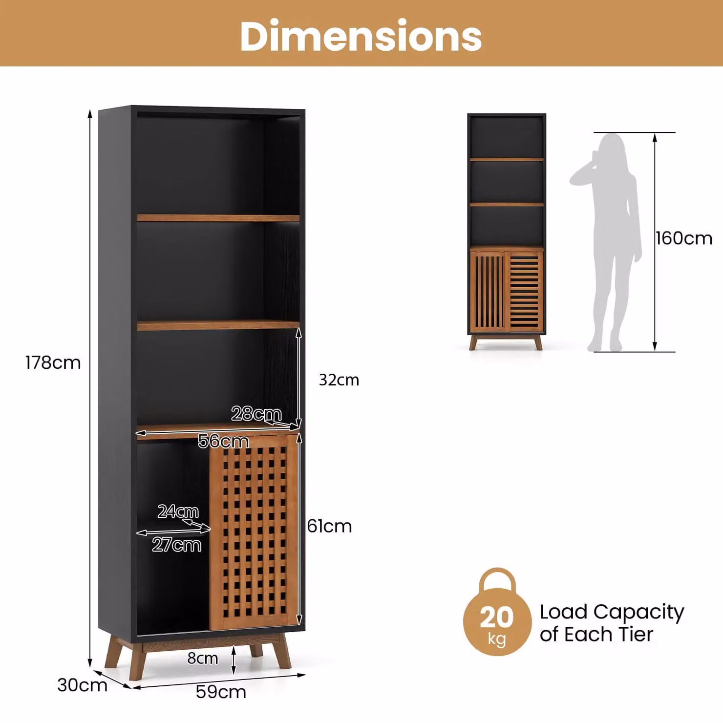 Costway 5-Tier Bookshelf with Reversible Adjustable Shelves in Brown – 2