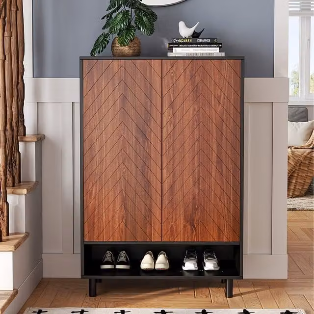 HO Direct Rustic Wooden Shoe Storage Cabinet with Hinged Doors in Brown and Black