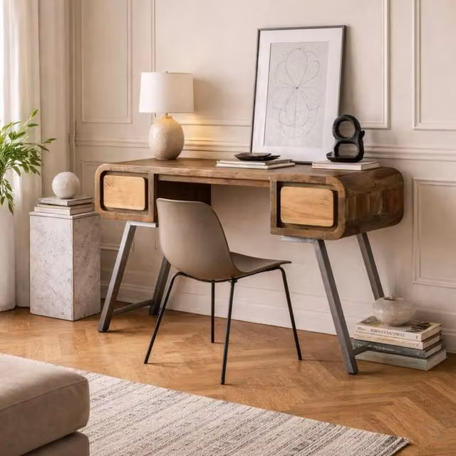 Wyld Haus Los Angeles Industrial Writing Desk in Brown with Wood Top and Metal Legs