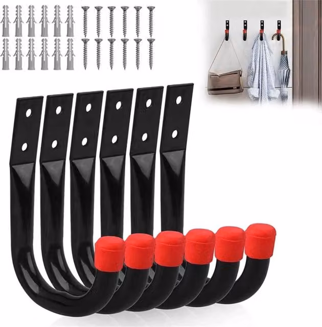 VOGREX 6 Pack Heavy Duty Steel Wall Mounted Garage Storage Hooks in Black – 1