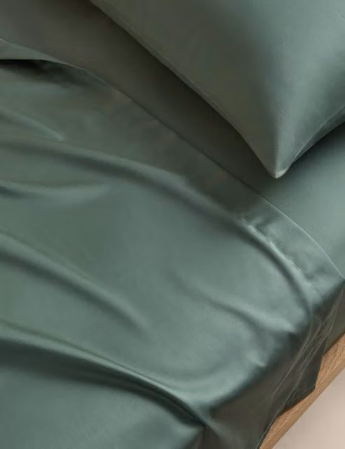 M&S Egyptian Cotton 400 Thread Count Mako Satin Silky Flat Sheet, Smokey Green, W: 200 cm x L: 200 cm