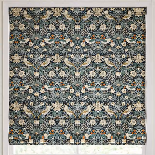 William Morris At Home Strawberry Thief Floral Velvet Made to Measure Roman Blind in Indigo Blue