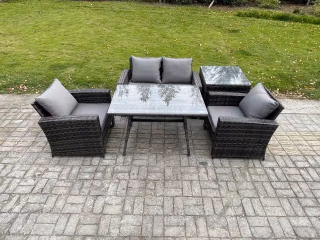 Fimous Dark Grey Mixed Rattan Outdoor Garden Furniture Set with High Back Sofa, Dining Table and Side Table