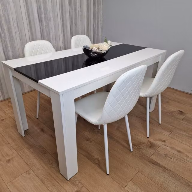Kosy Koala Dining Table Set with 4 White Gem Pattern Chairs in Brown, Black and White – 1
