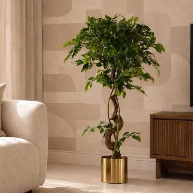 Leaf Design UK Botanik 120cm Twisted Trunk Artificial Fruticosa Ficus Tree with Gold Planter in Green – 3