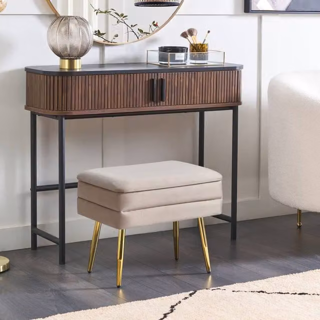 Wyld and Coco Light Beige Velvet Storage Bench with Gold Tone Metal Legs