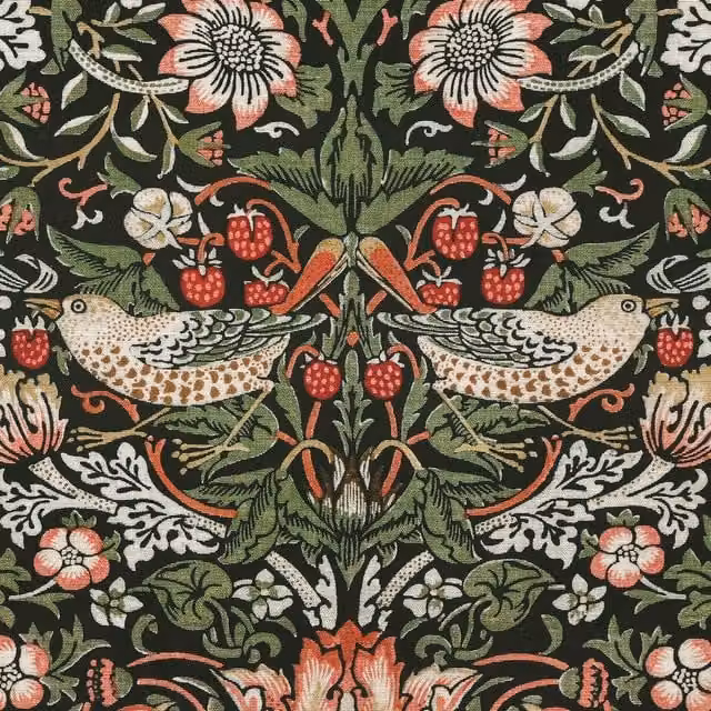 William Morris Strawberry Thief Printed Cotton Fabric in Green and Multicolour